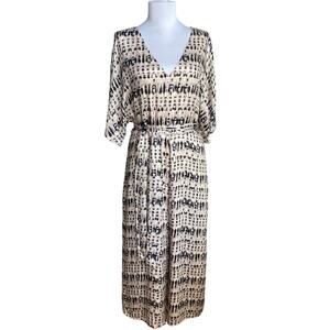 LAVENDER BROWN Ikat Print Belted Wide Leg Flutter‎ Sleeve Jumpsuit Size M Black